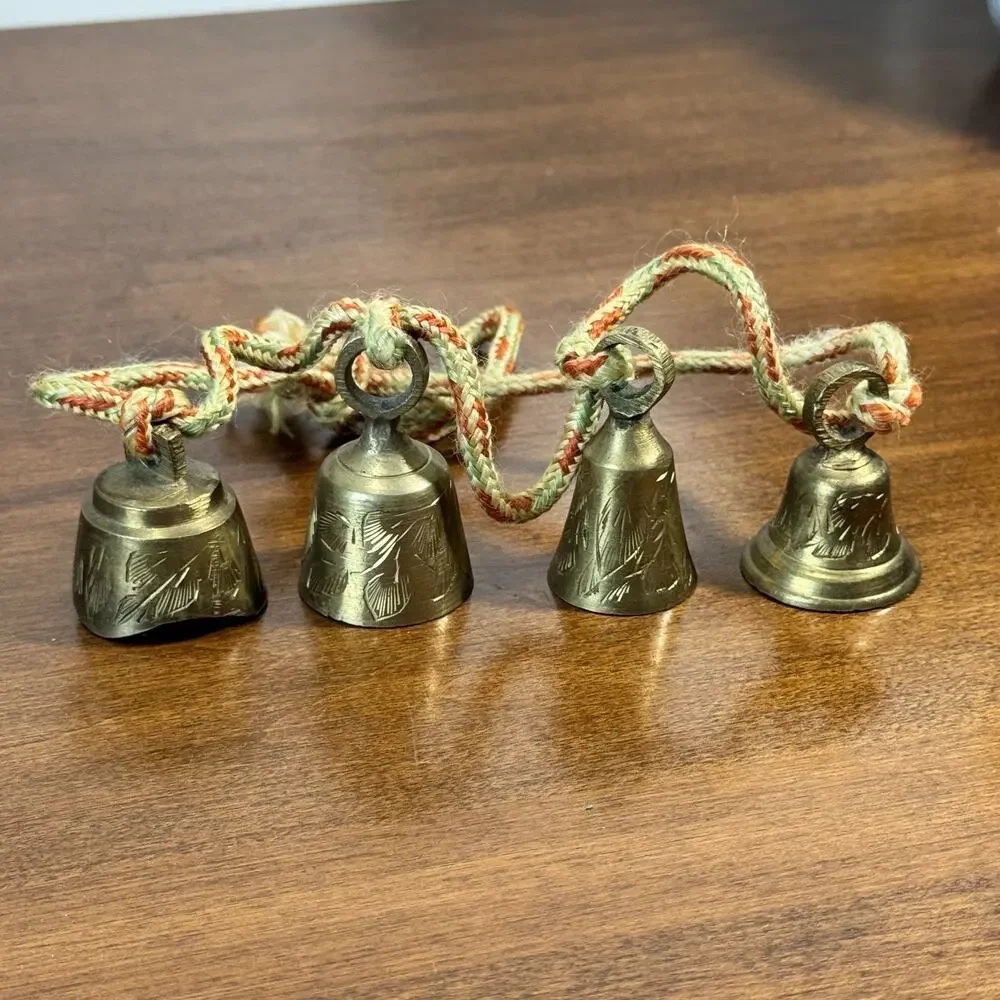 Vintage India Graduated Brass Bells with Knotted Rope Cord Set of 4